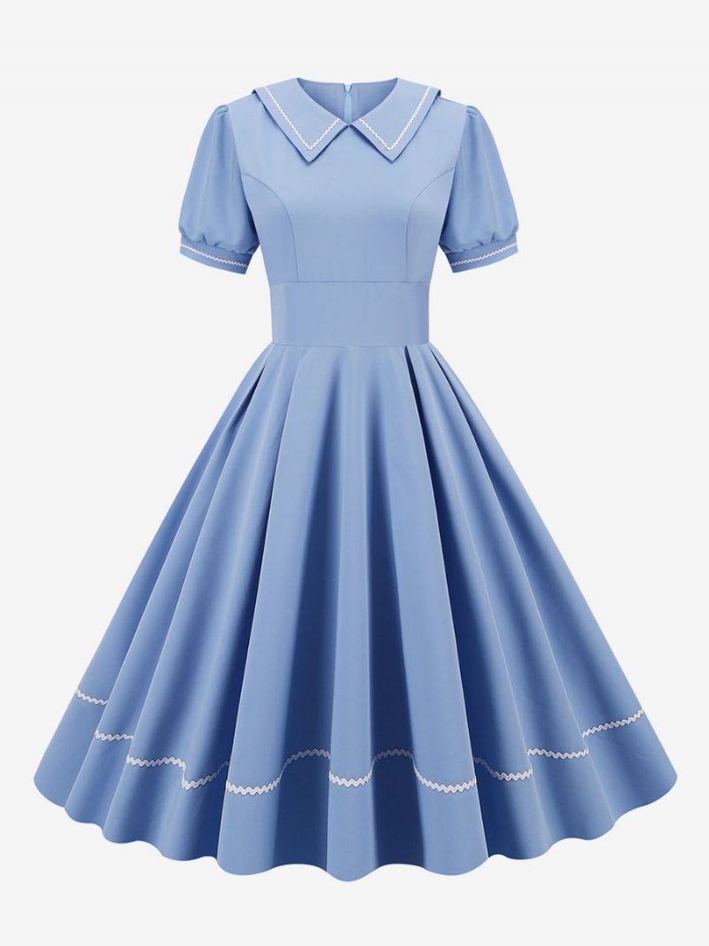 Damen-vintage-kleid Im Audrey-hepburn-stil Der 1950er Jahre Gelbes Kurzes Ärmel-umlegekragen-medium-swing-kleid - Helles Himmelblau