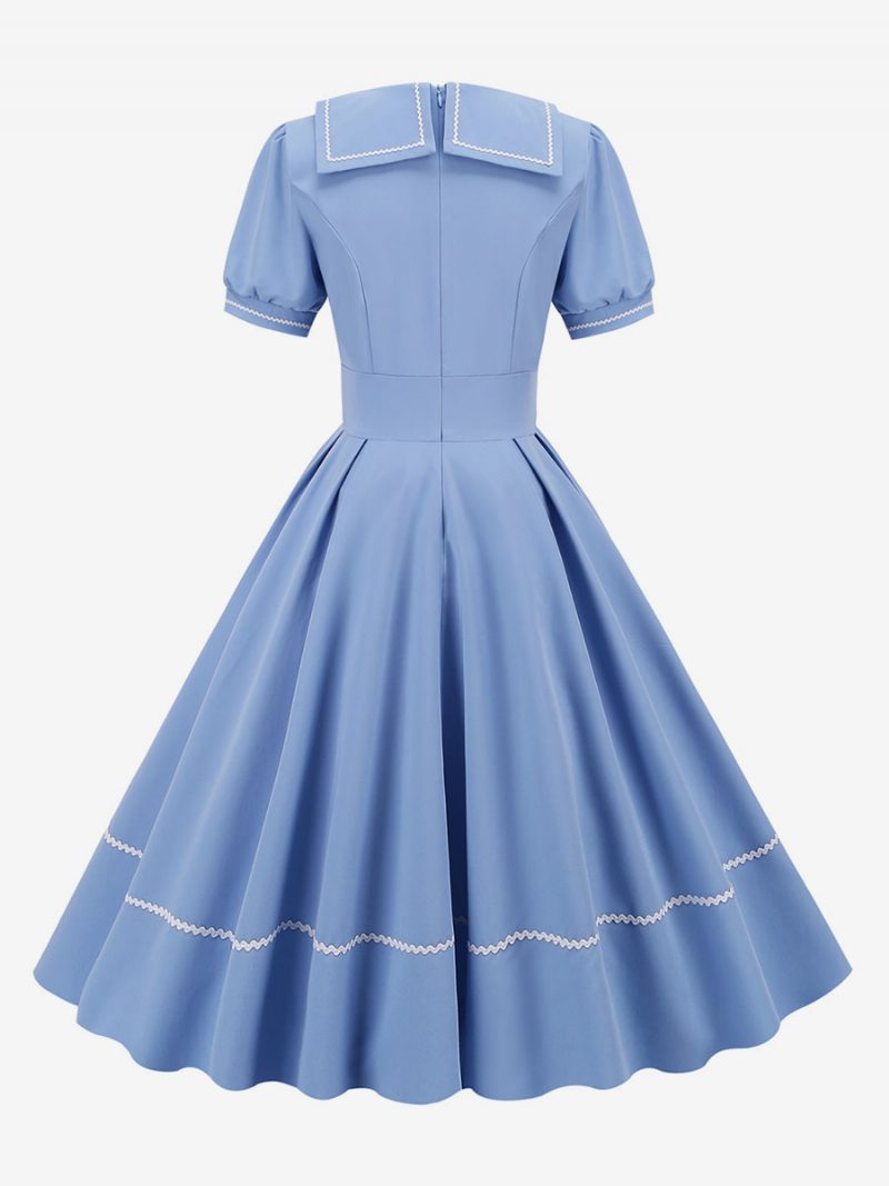 Damen-vintage-kleid Im Audrey-hepburn-stil Der 1950er Jahre Gelbes Kurzes Ärmel-umlegekragen-medium-swing-kleid - Helles Himmelblau