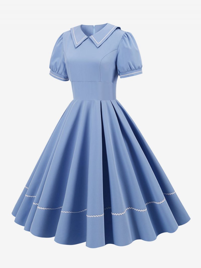 Damen-vintage-kleid Im Audrey-hepburn-stil Der 1950er Jahre Gelbes Kurzes Ärmel-umlegekragen-medium-swing-kleid - Helles Himmelblau