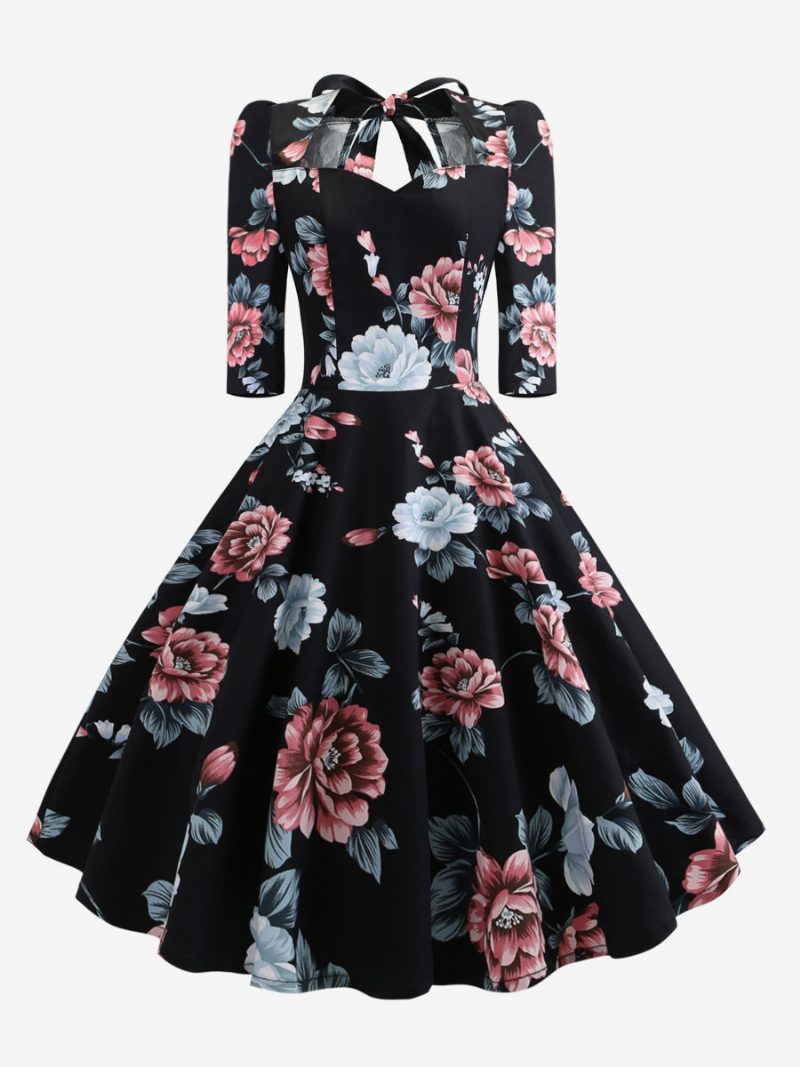 Damen-vintage-kleid Im Audrey-hepburn-stil Der 1950er-jahre Herzausschnitt Schnürung Mehrlagige 3/4-ärmel Mittelgroßes Rockabilly-kleid Mit Blumendruck - Grau