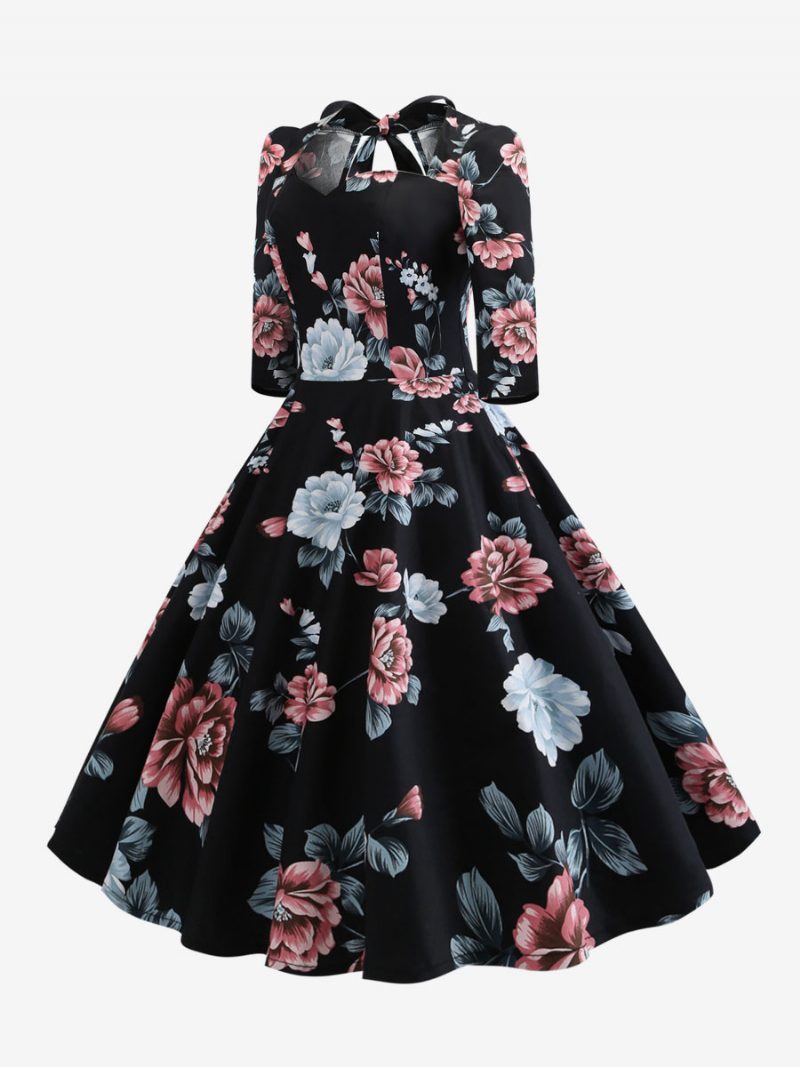 Damen-vintage-kleid Im Audrey-hepburn-stil Der 1950er-jahre Herzausschnitt Schnürung Mehrlagige 3/4-ärmel Mittelgroßes Rockabilly-kleid Mit Blumendruck - Grau