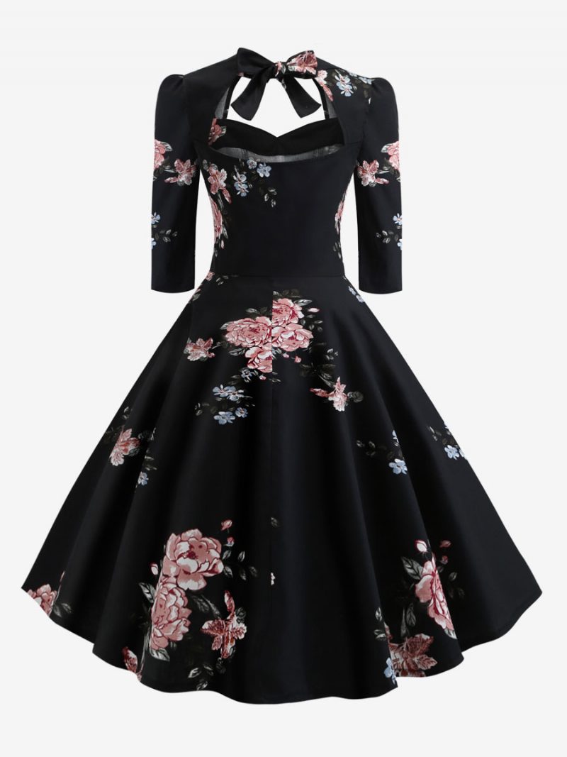 Damen-vintage-kleid Im Audrey-hepburn-stil Der 1950er-jahre Herzausschnitt Schnürung Mehrlagige 3/4-ärmel Mittelgroßes Rockabilly-kleid Mit Blumendruck - Schwarz