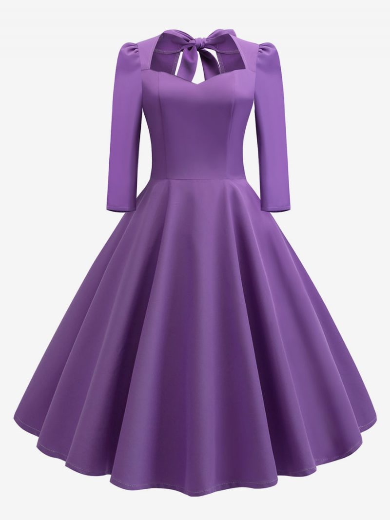 Damen-vintage-kleid Im Audrey-hepburn-stil Der 1950er-jahre Herzförmiger Ausschnitt Rückenfrei 3/4-ärmel Rockabilly-kleid - Lila