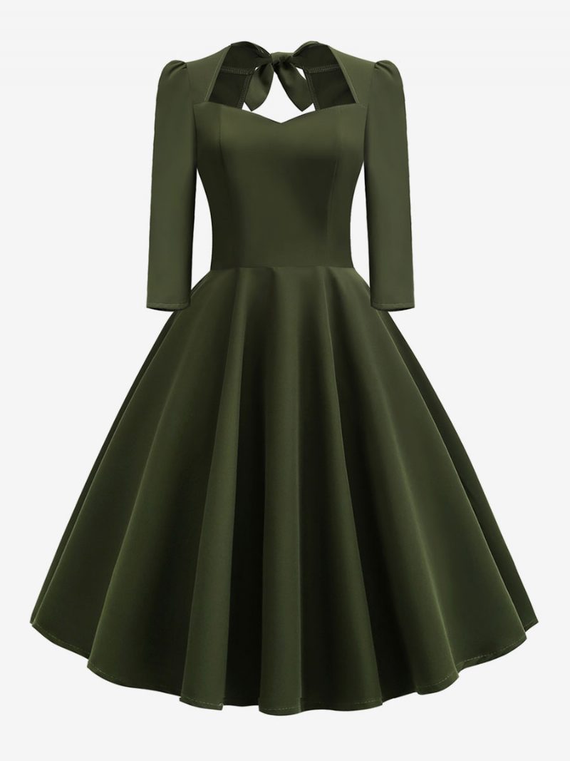 Damen-vintage-kleid Im Audrey-hepburn-stil Der 1950er-jahre Herzförmiger Ausschnitt Rückenfrei 3/4-ärmel Rockabilly-kleid - Huntergrün