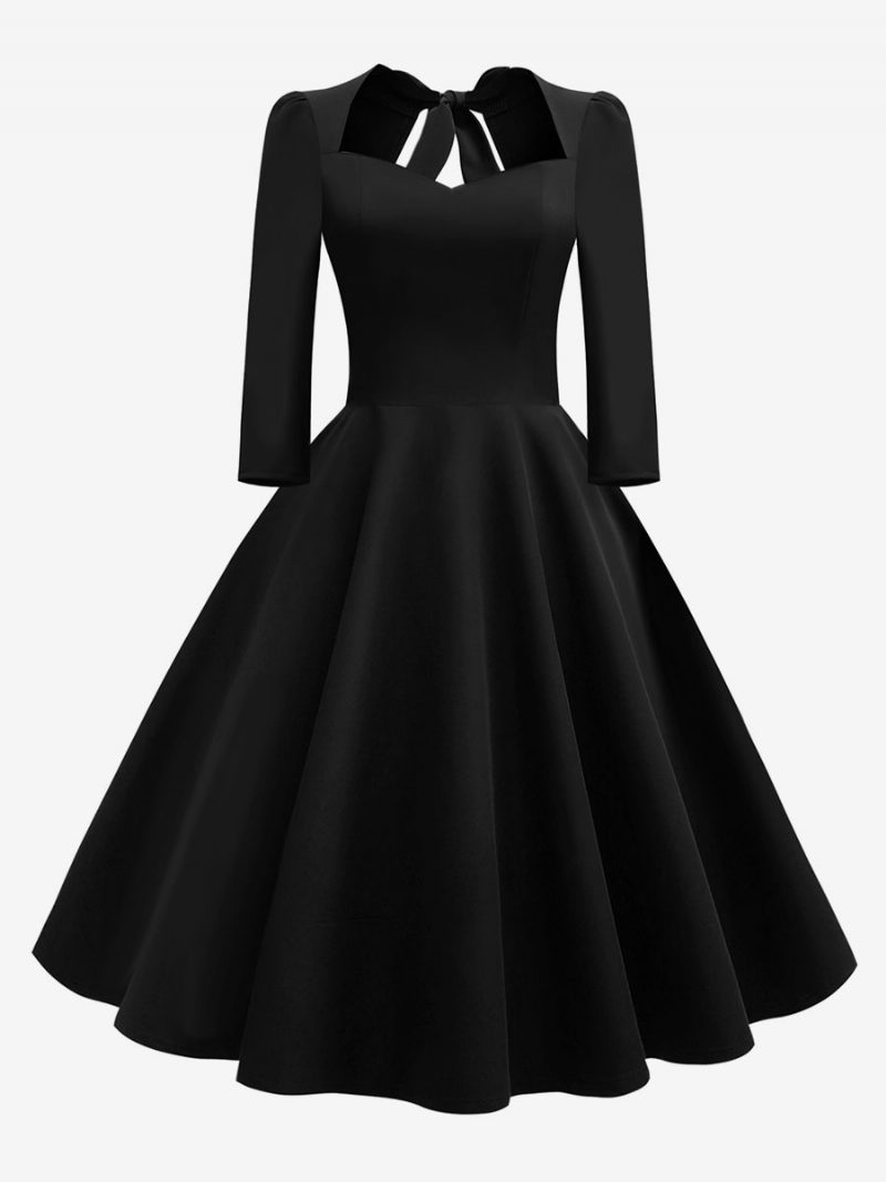 Damen-vintage-kleid Im Audrey-hepburn-stil Der 1950er-jahre Herzförmiger Ausschnitt Rückenfrei 3/4-ärmel Rockabilly-kleid - Schwarz