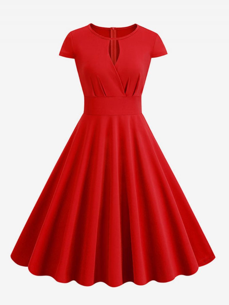 Damen-vintage-kleid Im Audrey-hepburn-stil Der 1950er-jahre Mit Juwelenausschnitt Und Kurzen Ärmeln Mittleres Swing-kleid - Rot