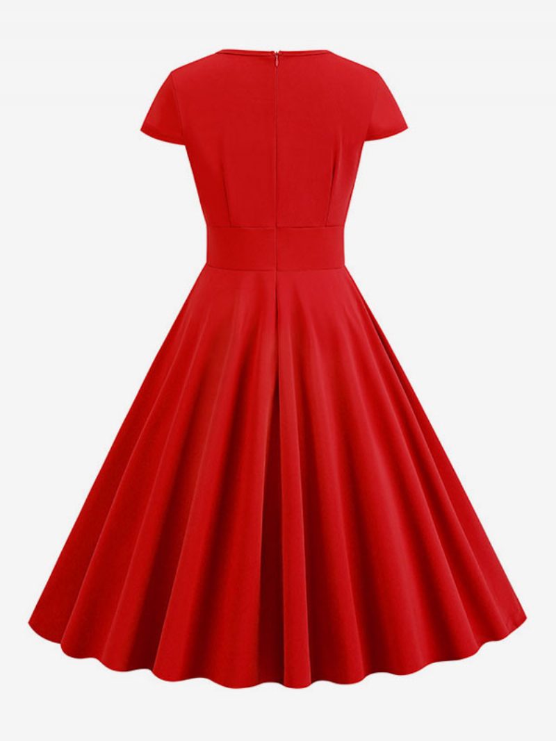 Damen-vintage-kleid Im Audrey-hepburn-stil Der 1950er-jahre Mit Juwelenausschnitt Und Kurzen Ärmeln Mittleres Swing-kleid - Rot