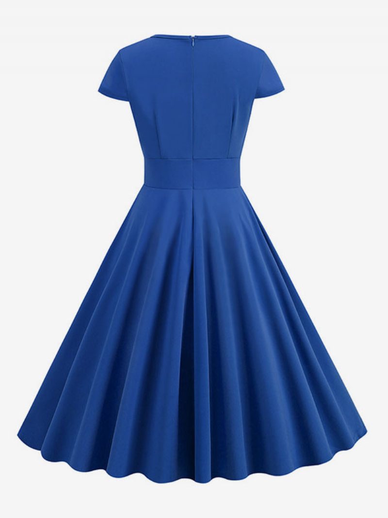 Damen-vintage-kleid Im Audrey-hepburn-stil Der 1950er-jahre Mit Juwelenausschnitt Und Kurzen Ärmeln Mittleres Swing-kleid - Blau