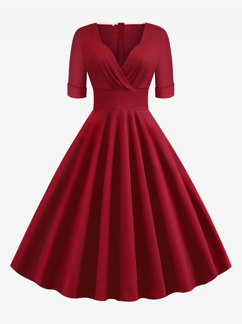 Damen-vintage-kleid Im Audrey-hepburn-stil Der 1950er Jahre Rot Geschichtetes Rockabilly-kleid Mit Kurzen Ärmeln Und Herzförmigem Ausschnitt