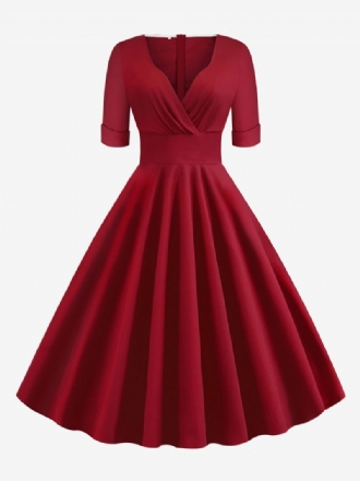 Damen-vintage-kleid Im Audrey-hepburn-stil Der 1950er Jahre Rot Geschichtetes Rockabilly-kleid Mit Kurzen Ärmeln Und Herzförmigem Ausschnitt