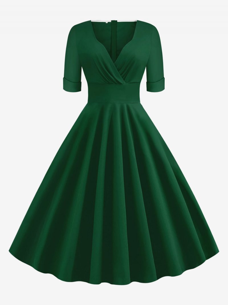 Damen-vintage-kleid Im Audrey-hepburn-stil Der 1950er Jahre Rot Geschichtetes Rockabilly-kleid Mit Kurzen Ärmeln Und Herzförmigem Ausschnitt - Grün