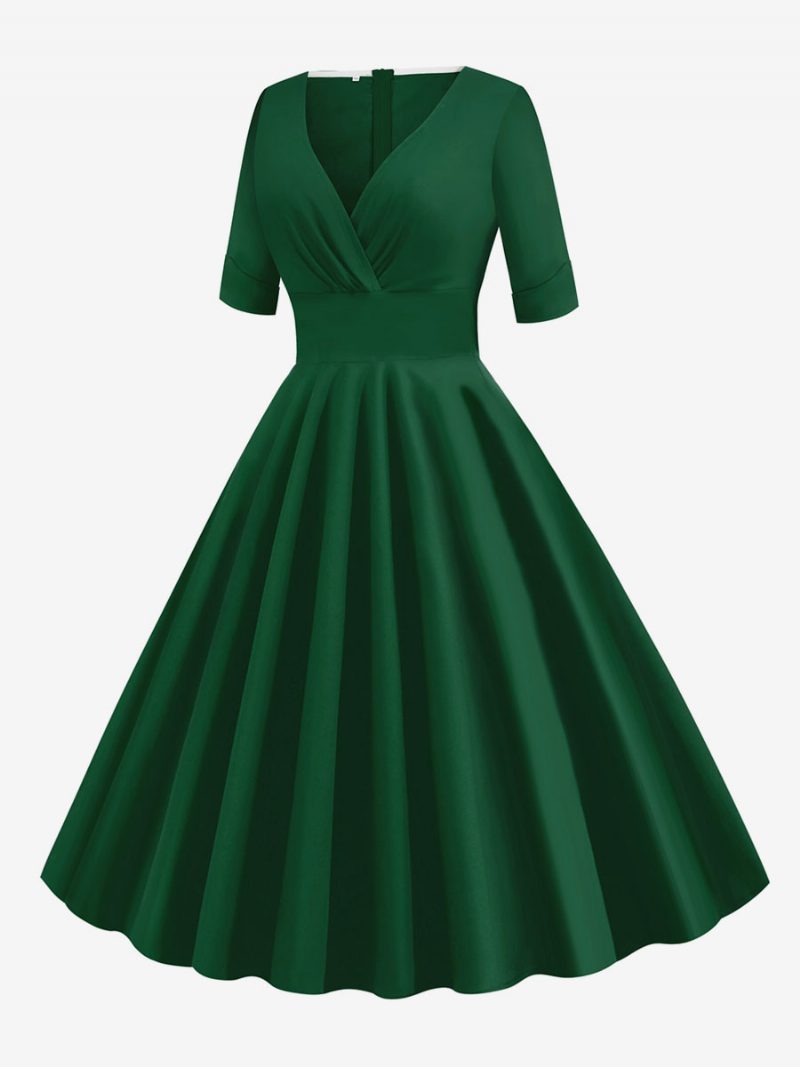 Damen-vintage-kleid Im Audrey-hepburn-stil Der 1950er Jahre Rot Geschichtetes Rockabilly-kleid Mit Kurzen Ärmeln Und Herzförmigem Ausschnitt - Grün