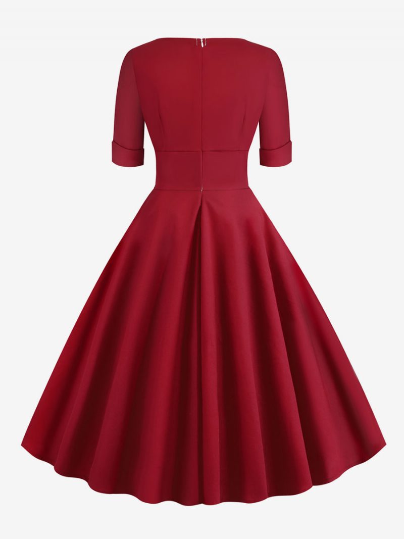 Damen-vintage-kleid Im Audrey-hepburn-stil Der 1950er Jahre Rot Geschichtetes Rockabilly-kleid Mit Kurzen Ärmeln Und Herzförmigem Ausschnitt - Rot