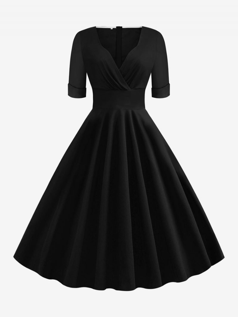 Damen-vintage-kleid Im Audrey-hepburn-stil Der 1950er Jahre Rot Geschichtetes Rockabilly-kleid Mit Kurzen Ärmeln Und Herzförmigem Ausschnitt - Schwarz