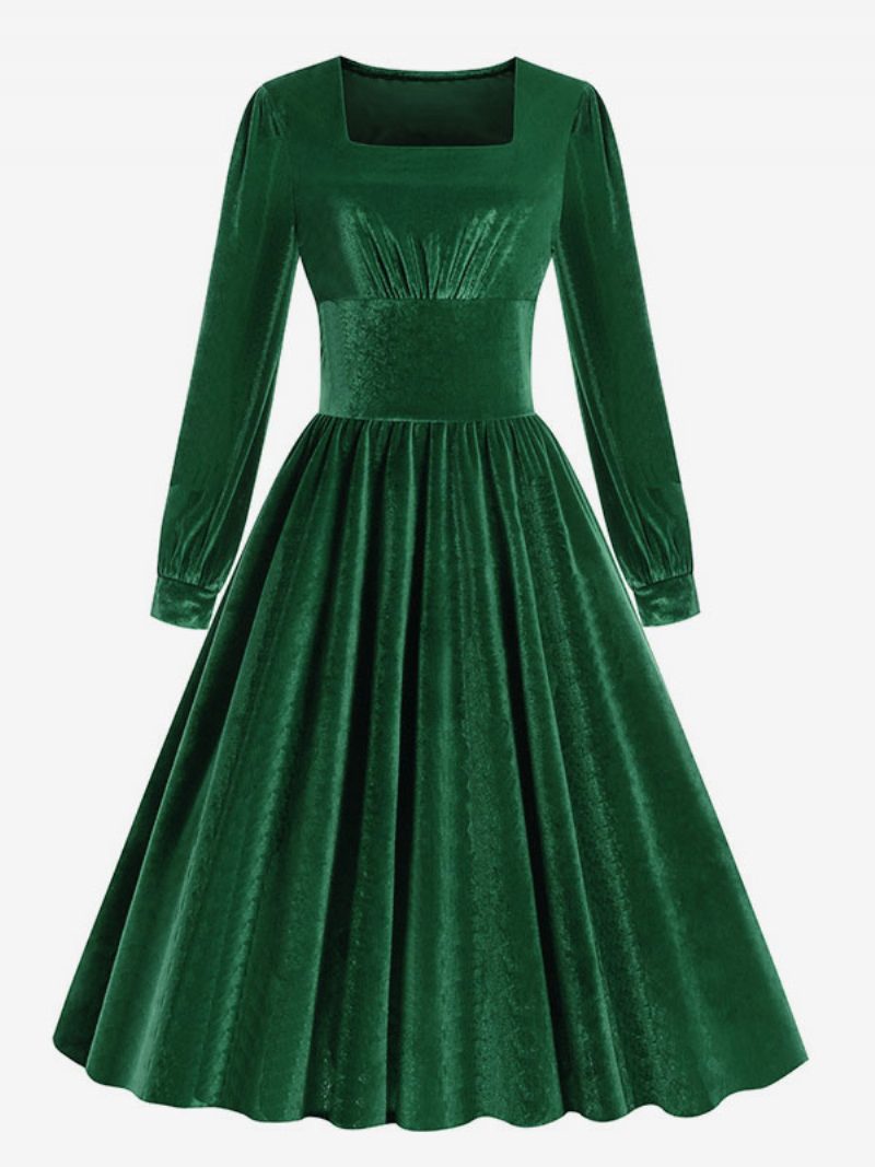 Damen-vintage-kleid Im Audrey-hepburn-stil Der 1950er Jahre Schwarzes Rockabilly-kleid Mit Langen Ärmeln Und Quadratischem Ausschnitt - Grün