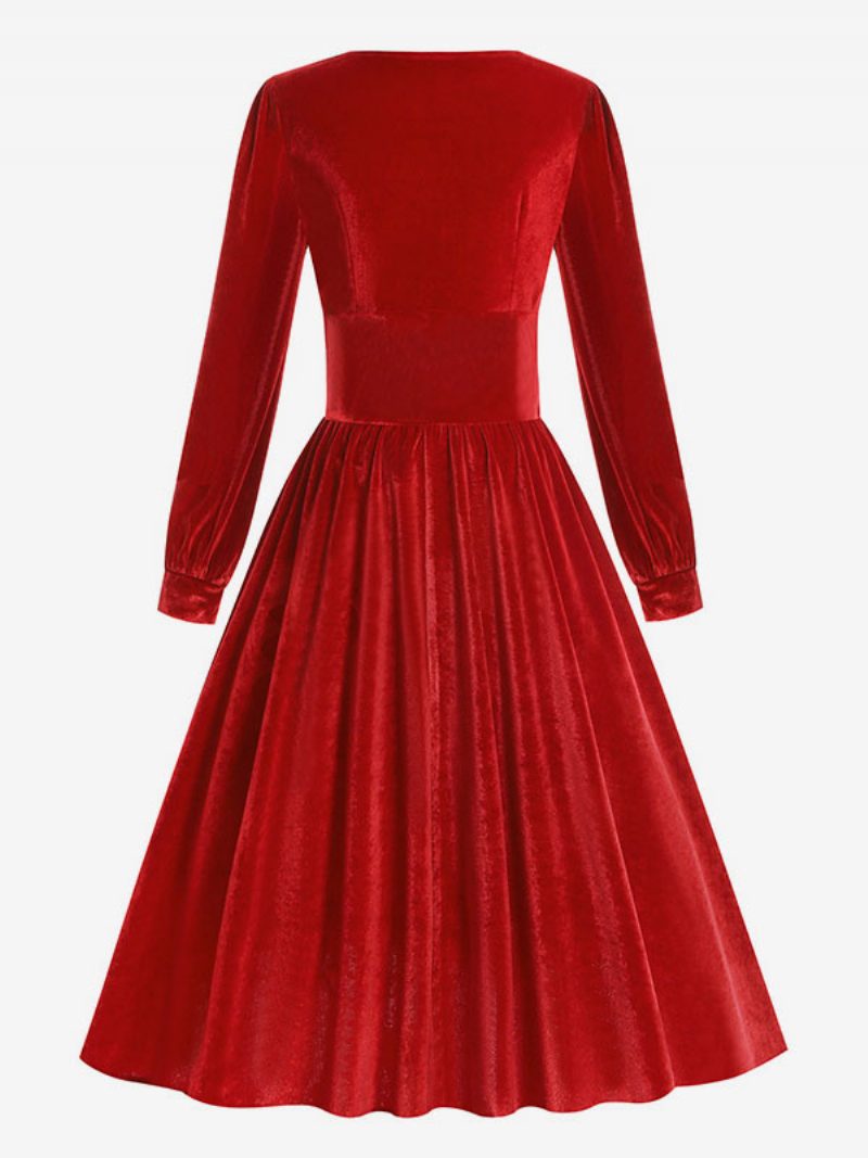 Damen-vintage-kleid Im Audrey-hepburn-stil Der 1950er Jahre Schwarzes Rockabilly-kleid Mit Langen Ärmeln Und Quadratischem Ausschnitt - Rot