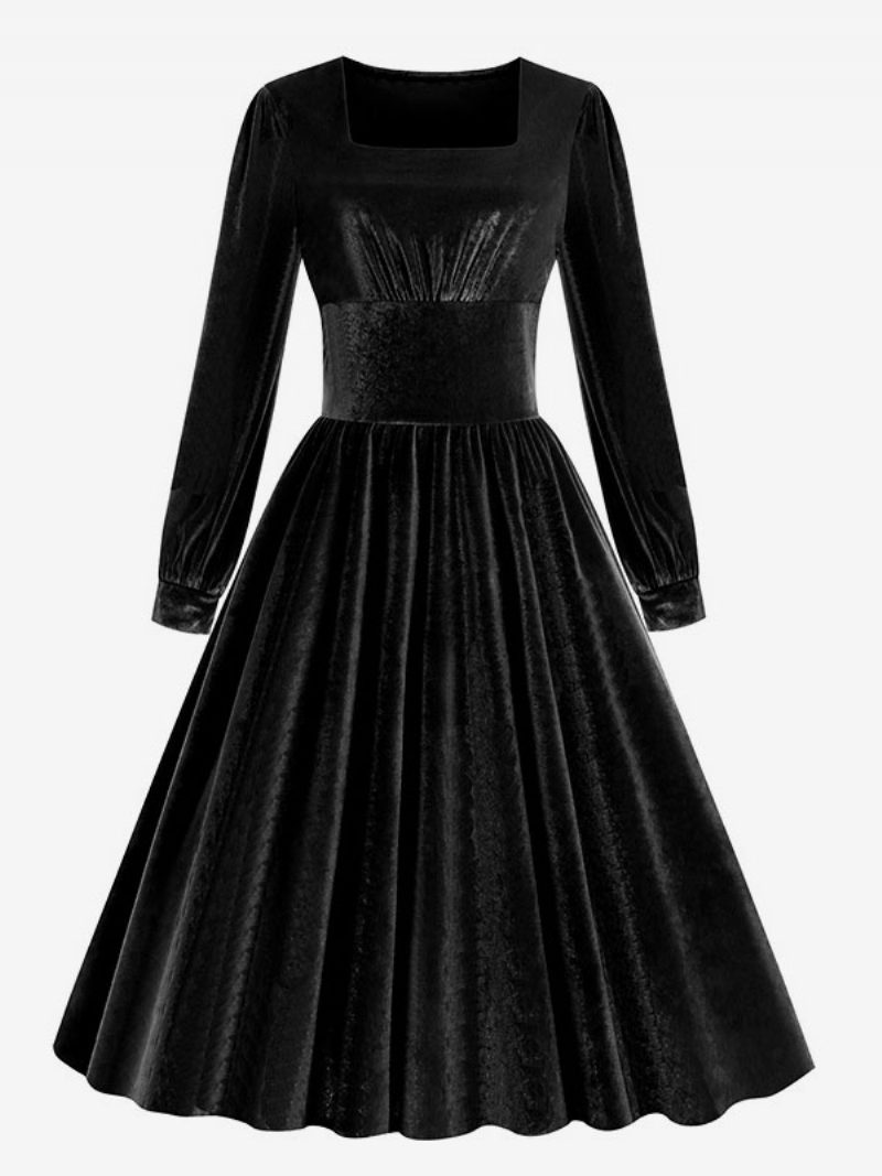 Damen-vintage-kleid Im Audrey-hepburn-stil Der 1950er Jahre Schwarzes Rockabilly-kleid Mit Langen Ärmeln Und Quadratischem Ausschnitt - Schwarz