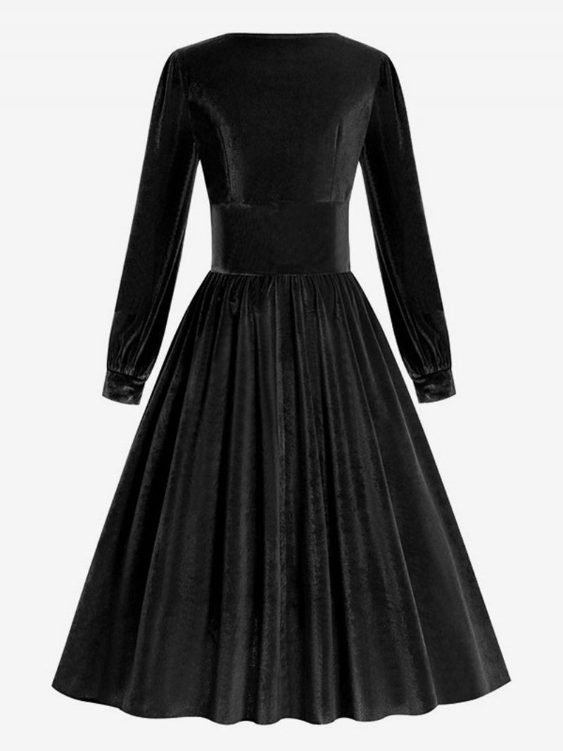 Damen-vintage-kleid Im Audrey-hepburn-stil Der 1950er Jahre Schwarzes Rockabilly-kleid Mit Langen Ärmeln Und Quadratischem Ausschnitt - Schwarz