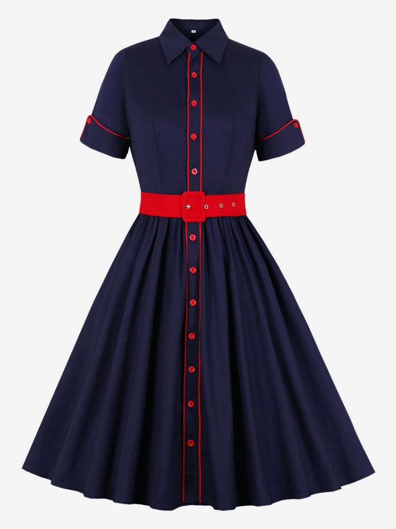 Damen-vintage-kleid Im Audrey-hepburn-stil Der 1950er-jahre Umlegekragen Knöpfe Kurze Ärmel Zweifarbiges Rockabilly-kleid