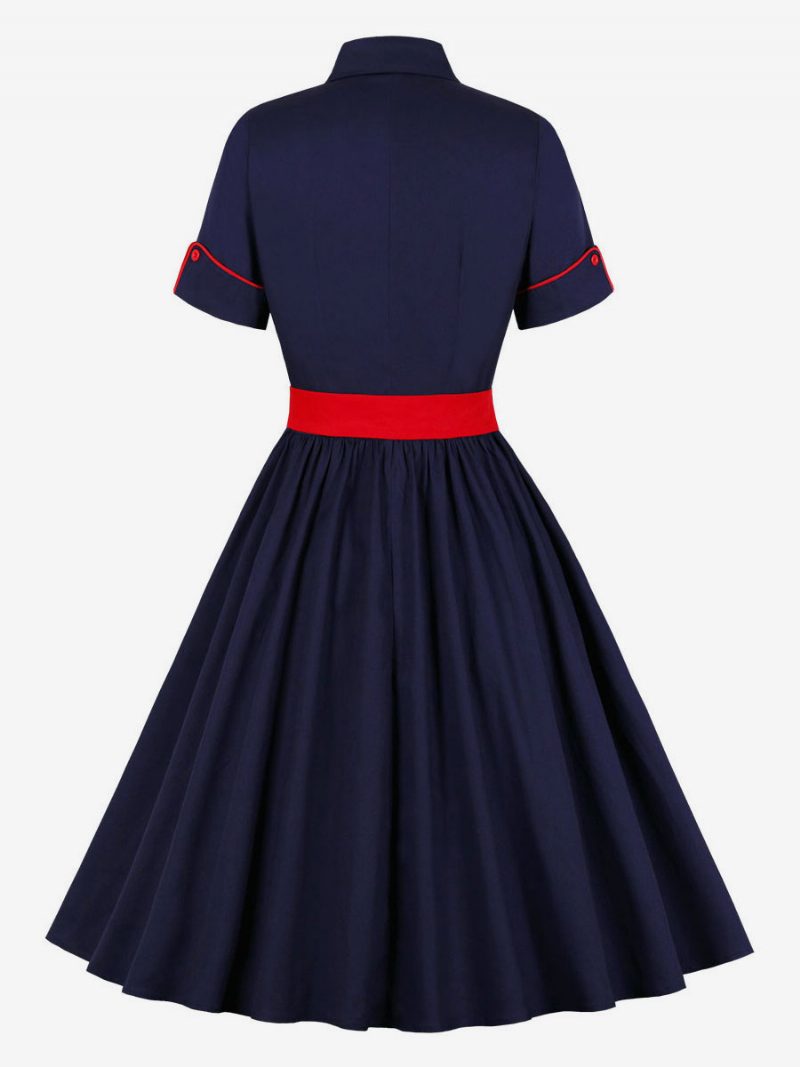 Damen-vintage-kleid Im Audrey-hepburn-stil Der 1950er-jahre Umlegekragen Knöpfe Kurze Ärmel Zweifarbiges Rockabilly-kleid - Tiefes Blau