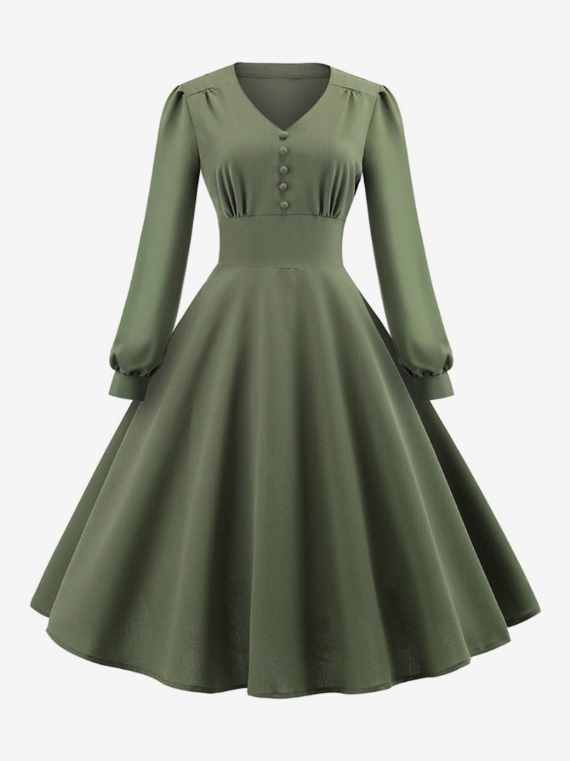 Damen-vintage-kleid Im Audrey-hepburn-stil Der 1950er-jahre V-ausschnitt Geschichtet Lange Ärmel Mittelgroßes Swing-kleid