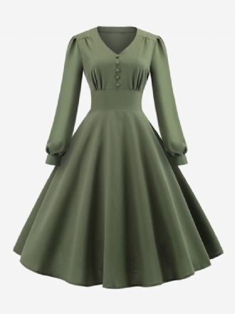 Damen-vintage-kleid Im Audrey-hepburn-stil Der 1950er-jahre V-ausschnitt Geschichtet Lange Ärmel Mittelgroßes Swing-kleid