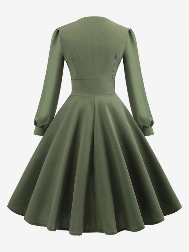 Damen-vintage-kleid Im Audrey-hepburn-stil Der 1950er-jahre V-ausschnitt Geschichtet Lange Ärmel Mittelgroßes Swing-kleid - Jägergrün