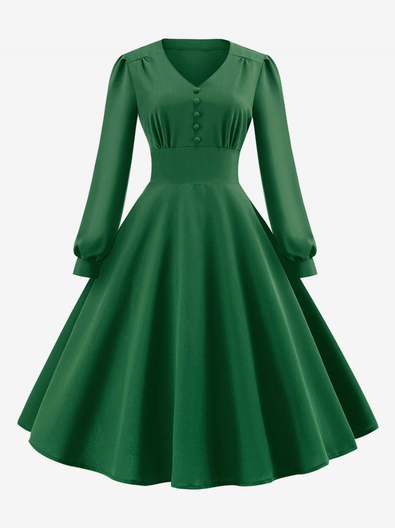 Damen-vintage-kleid Im Audrey-hepburn-stil Der 1950er-jahre V-ausschnitt Geschichtet Lange Ärmel Mittelgroßes Swing-kleid - Dunkelgrün