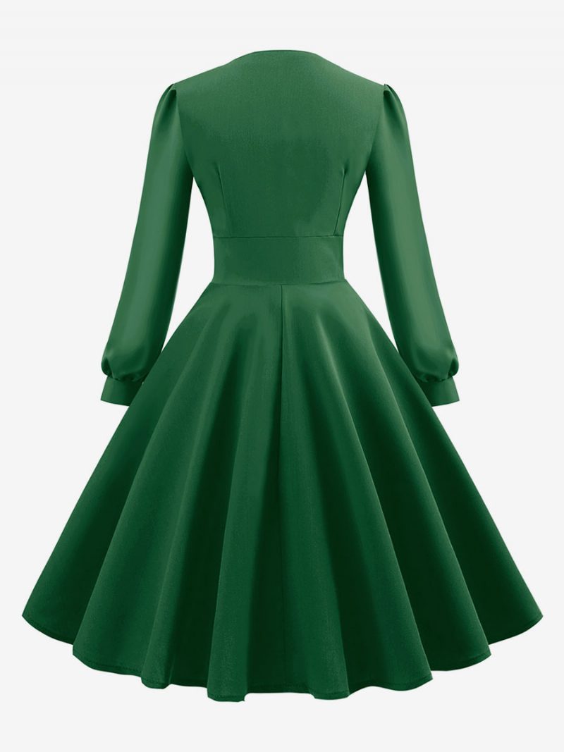 Damen-vintage-kleid Im Audrey-hepburn-stil Der 1950er-jahre V-ausschnitt Geschichtet Lange Ärmel Mittelgroßes Swing-kleid - Dunkelgrün