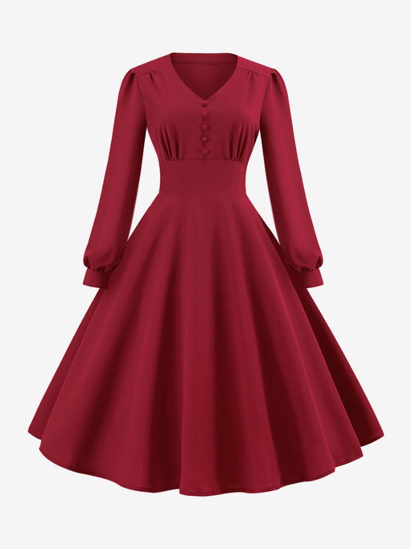 Damen-vintage-kleid Im Audrey-hepburn-stil Der 1950er-jahre V-ausschnitt Geschichtet Lange Ärmel Mittelgroßes Swing-kleid - Rot