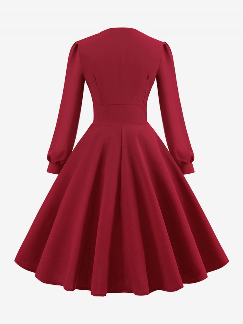 Damen-vintage-kleid Im Audrey-hepburn-stil Der 1950er-jahre V-ausschnitt Geschichtet Lange Ärmel Mittelgroßes Swing-kleid - Rot