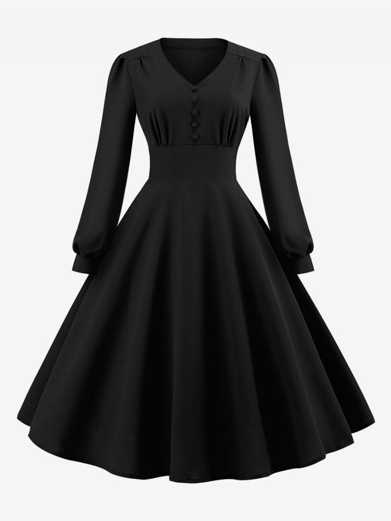 Damen-vintage-kleid Im Audrey-hepburn-stil Der 1950er-jahre V-ausschnitt Geschichtet Lange Ärmel Mittelgroßes Swing-kleid - Schwarz