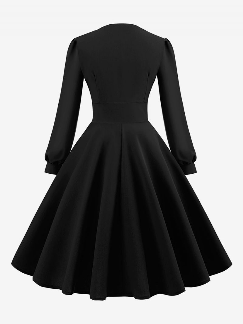 Damen-vintage-kleid Im Audrey-hepburn-stil Der 1950er-jahre V-ausschnitt Geschichtet Lange Ärmel Mittelgroßes Swing-kleid - Schwarz