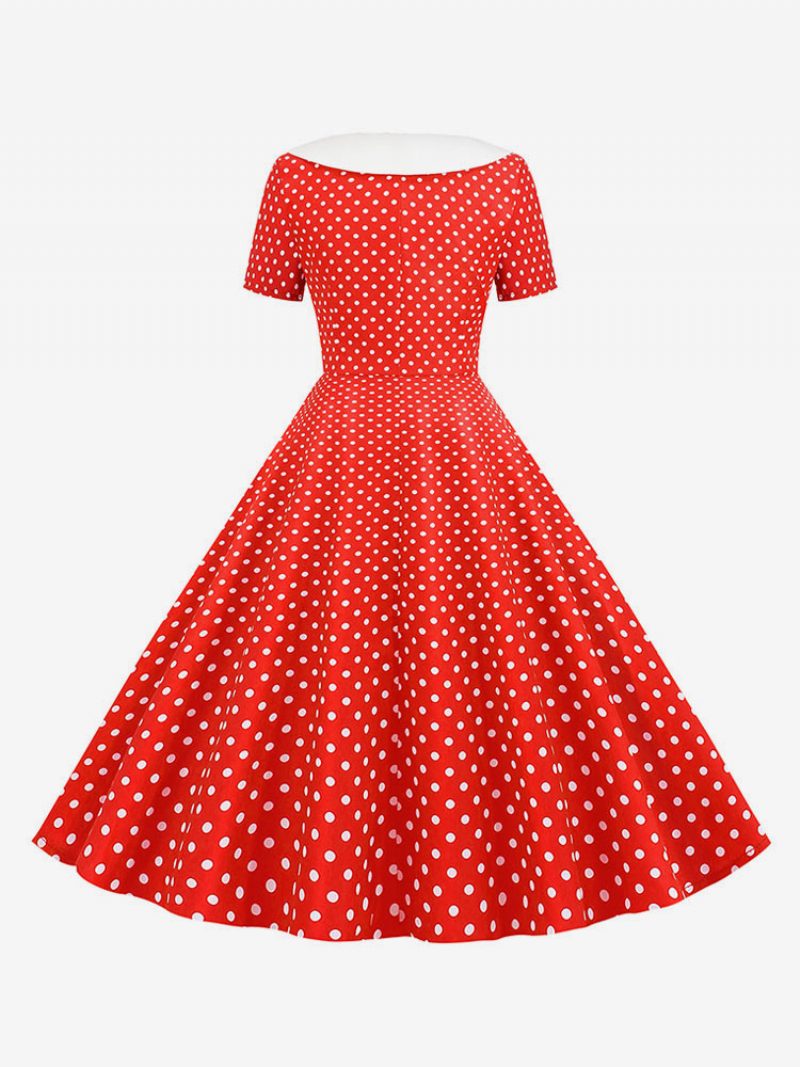 Damen-vintage-kleid Im Audrey-hepburn-stil Der 1950er-jahre V-ausschnitt Kurze Ärmel Knielanges Gepunktetes Swing-kleid - Rot