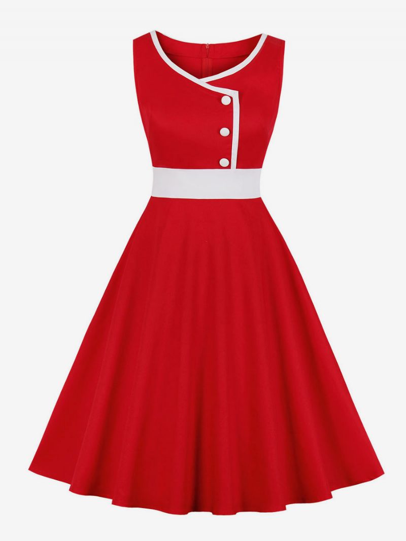 Damen-vintage-kleid Im Audrey-hepburn-stil Der 1950er Jahre Zweifarbige Knöpfe Ärmelloses Herzförmiges Swing-kleid Rot