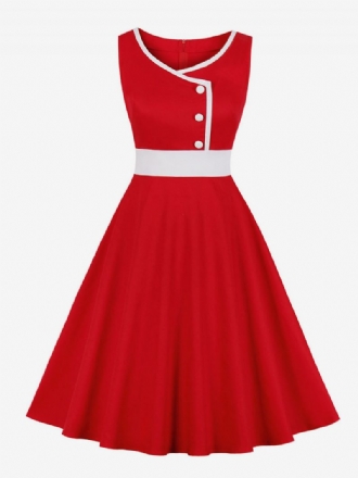 Damen-vintage-kleid Im Audrey-hepburn-stil Der 1950er Jahre Zweifarbige Knöpfe Ärmelloses Herzförmiges Swing-kleid Rot