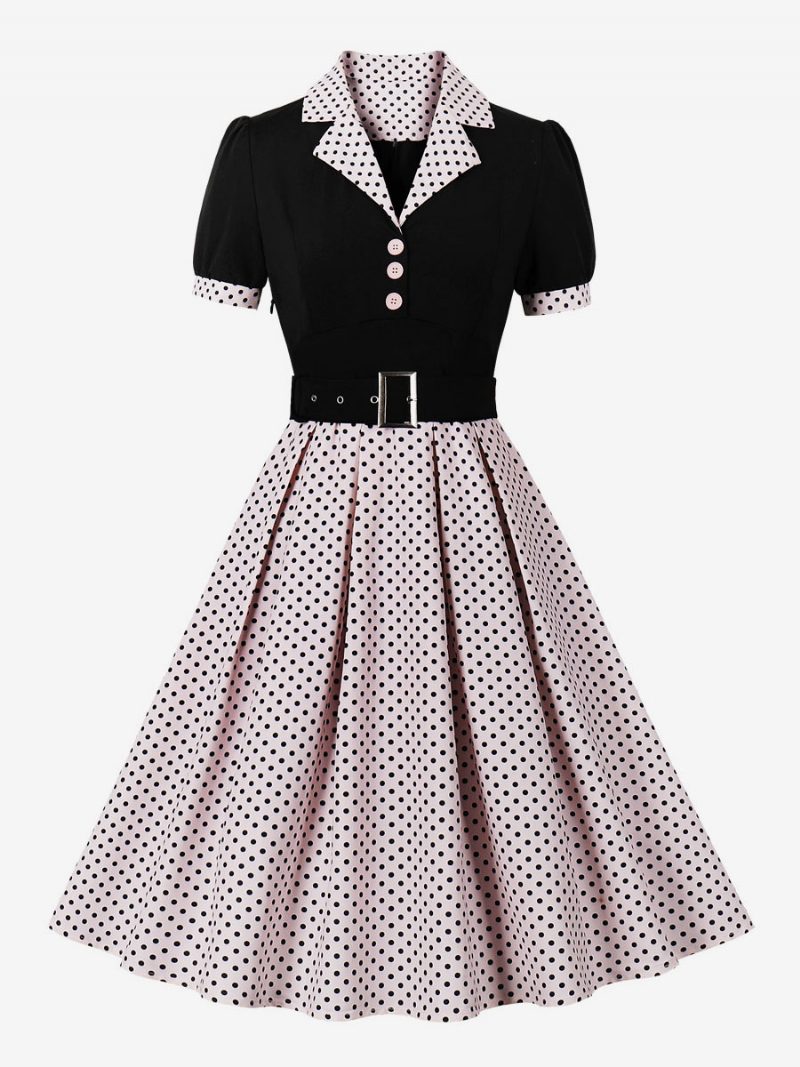 Damen-vintage-kleid Rosa Gepunktet 1950er-jahre Audrey-hepburn-stil Schärpe Kurze Ärmel V-ausschnitt Knielanges Swing-kleid