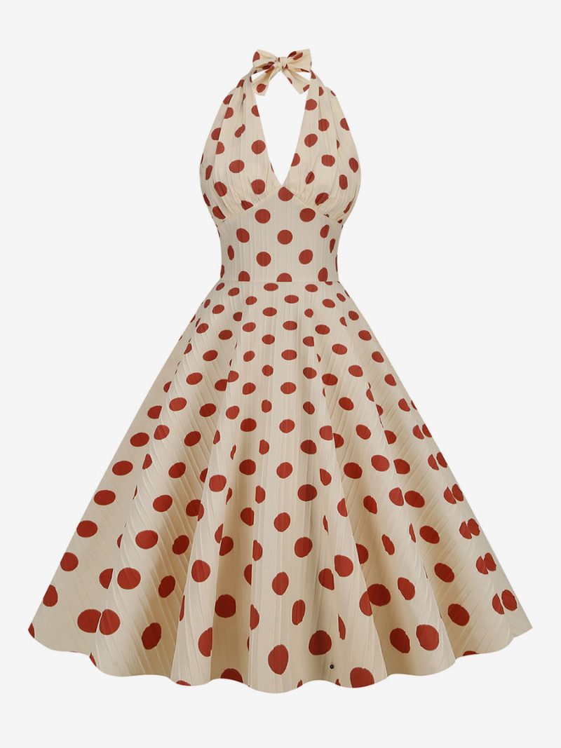 Damen Vintage Kleid Rot 1950er Jahre Audrey Hepburn Stil Polka Dot Plissee Ärmelloses V-ausschnitt Medium Swing