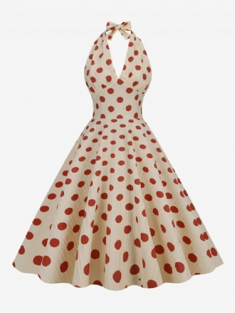 Damen Vintage Kleid Rot 1950er Jahre Audrey Hepburn Stil Polka Dot Plissee Ärmelloses V-ausschnitt Medium Swing