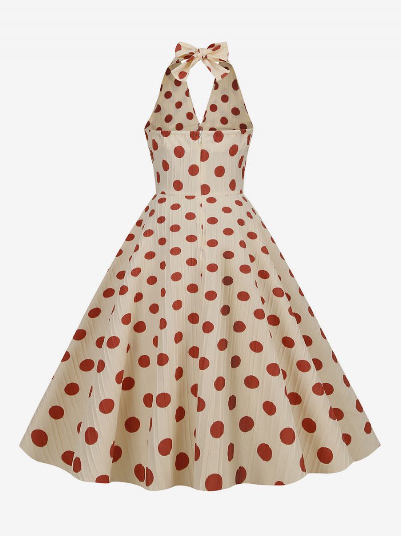 Damen Vintage Kleid Rot 1950er Jahre Audrey Hepburn Stil Polka Dot Plissee Ärmelloses V-ausschnitt Medium Swing - Rot