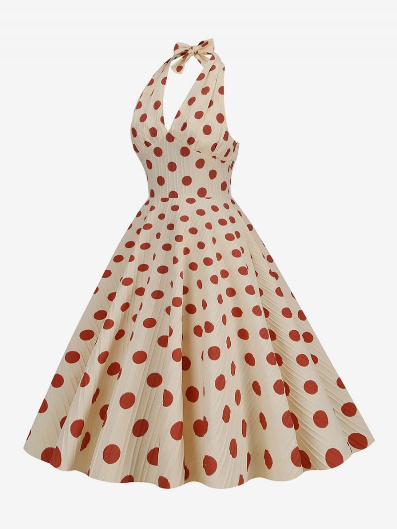 Damen Vintage Kleid Rot 1950er Jahre Audrey Hepburn Stil Polka Dot Plissee Ärmelloses V-ausschnitt Medium Swing - Rot