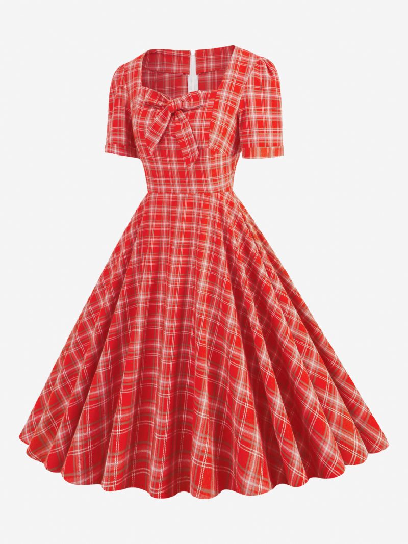 Damen-vintage-kleid Rot Kariert 1950er-jahre Audrey-hepburn-stil Schleifen Kurze Ärmel Herzförmiger Ausschnitt Mittelgroßes Swing-kleid - Rot