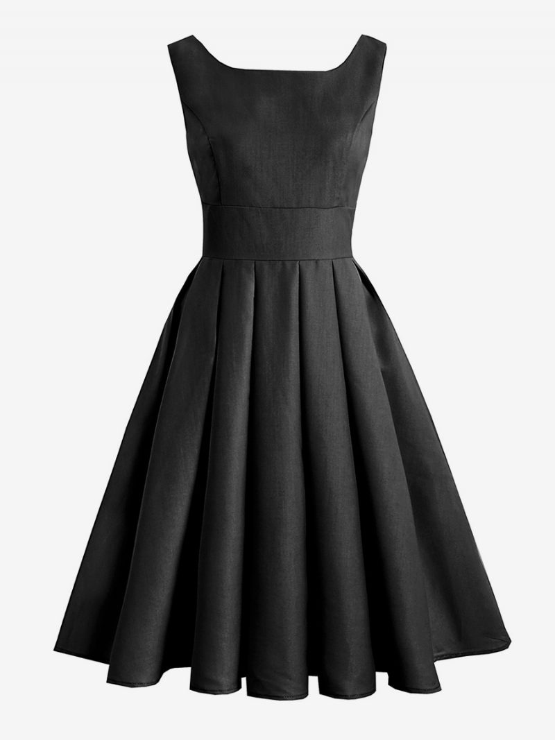 Damen-vintage-kleid Schwarz 1950er-jahre Audrey-hepburn-stil Plissiert Ärmellos Quadratischer Ausschnitt Mittleres Rockabilly-kleid