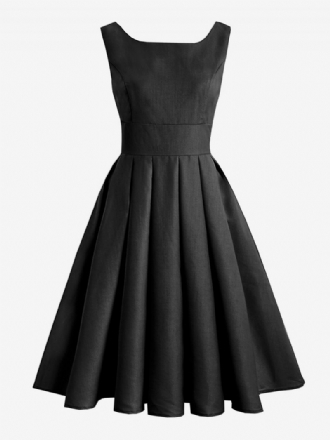 Damen-vintage-kleid Schwarz 1950er-jahre Audrey-hepburn-stil Plissiert Ärmellos Quadratischer Ausschnitt Mittleres Rockabilly-kleid