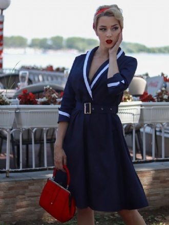 Damen-vintage-kleider Im Audrey-hepburn-stil Der 1950er Jahre Dunkles Marineblau Zweifarbiges Langärmliges Midikleid Mit Gürtel Und V-ausschnitt