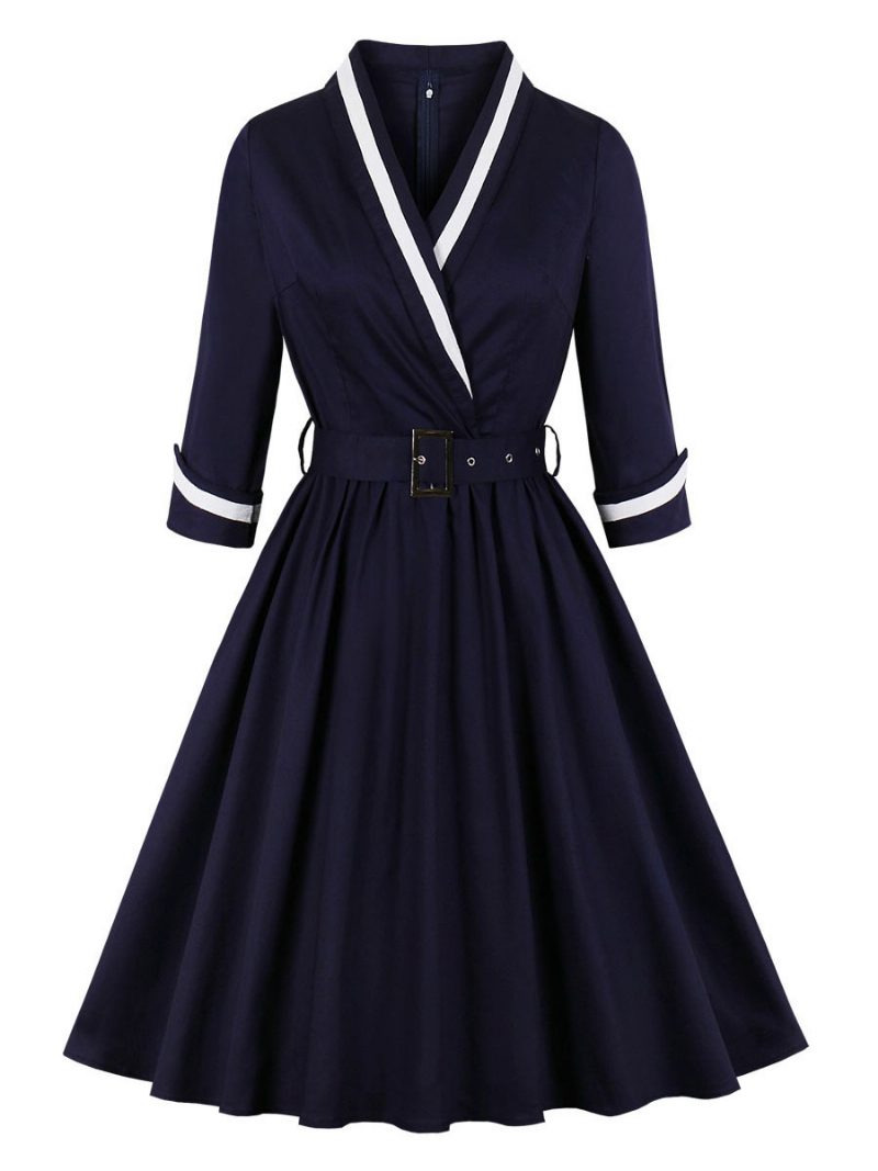 Damen-vintage-kleider Im Audrey-hepburn-stil Der 1950er Jahre Dunkles Marineblau Zweifarbiges Langärmliges Midikleid Mit Gürtel Und V-ausschnitt - Dunkles Marineblau