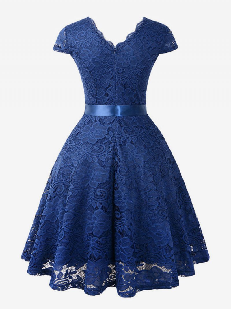 Damen-vintage-spitzenkleid 1950er-jahre V-ausschnitt Flügelärmel Schleife Schärpe Retro-swing-kleid - Dunkles Marineblau