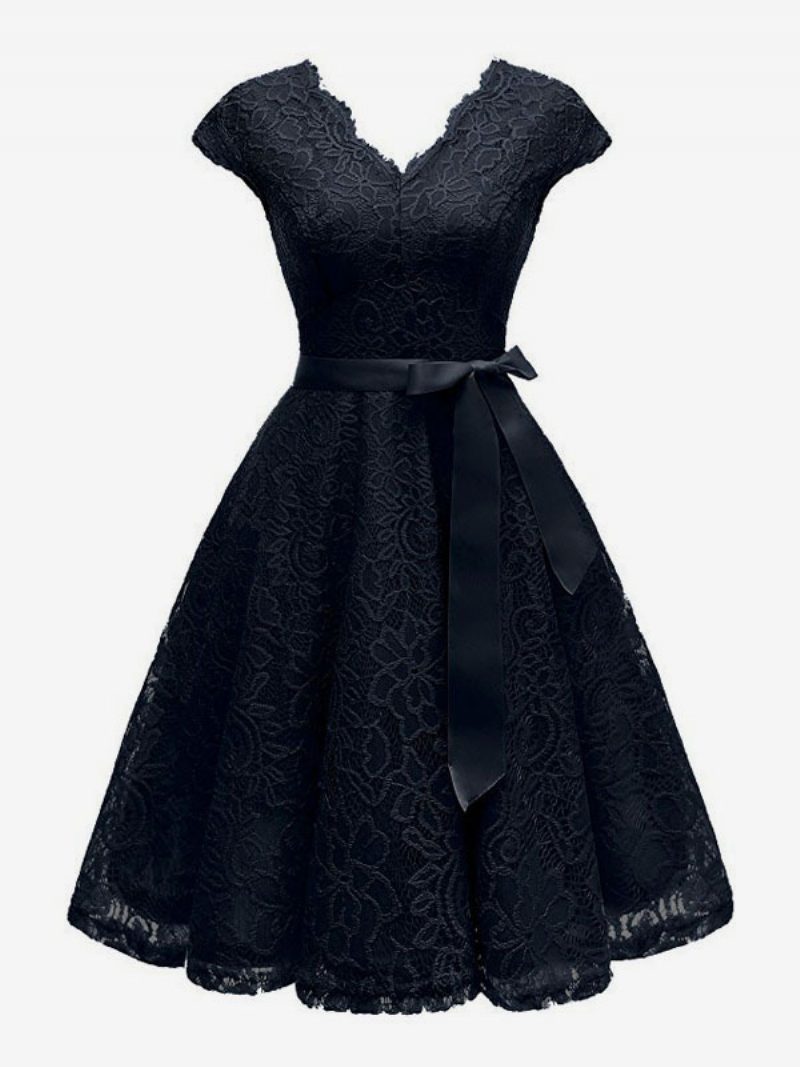 Damen-vintage-spitzenkleid 1950er-jahre V-ausschnitt Flügelärmel Schleife Schärpe Retro-swing-kleid - Schwarz