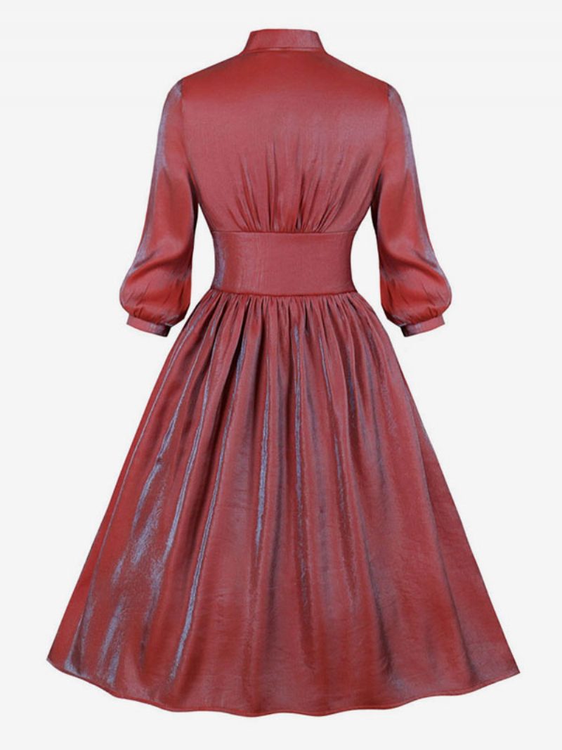 Damen-weihnachts-retro-kleid Im Audrey-hepburn-stil Der 1950er Jahre Rotes Ombre-rockabilly-kleid Mit Langen Ärmeln Und V-ausschnitt - Rot