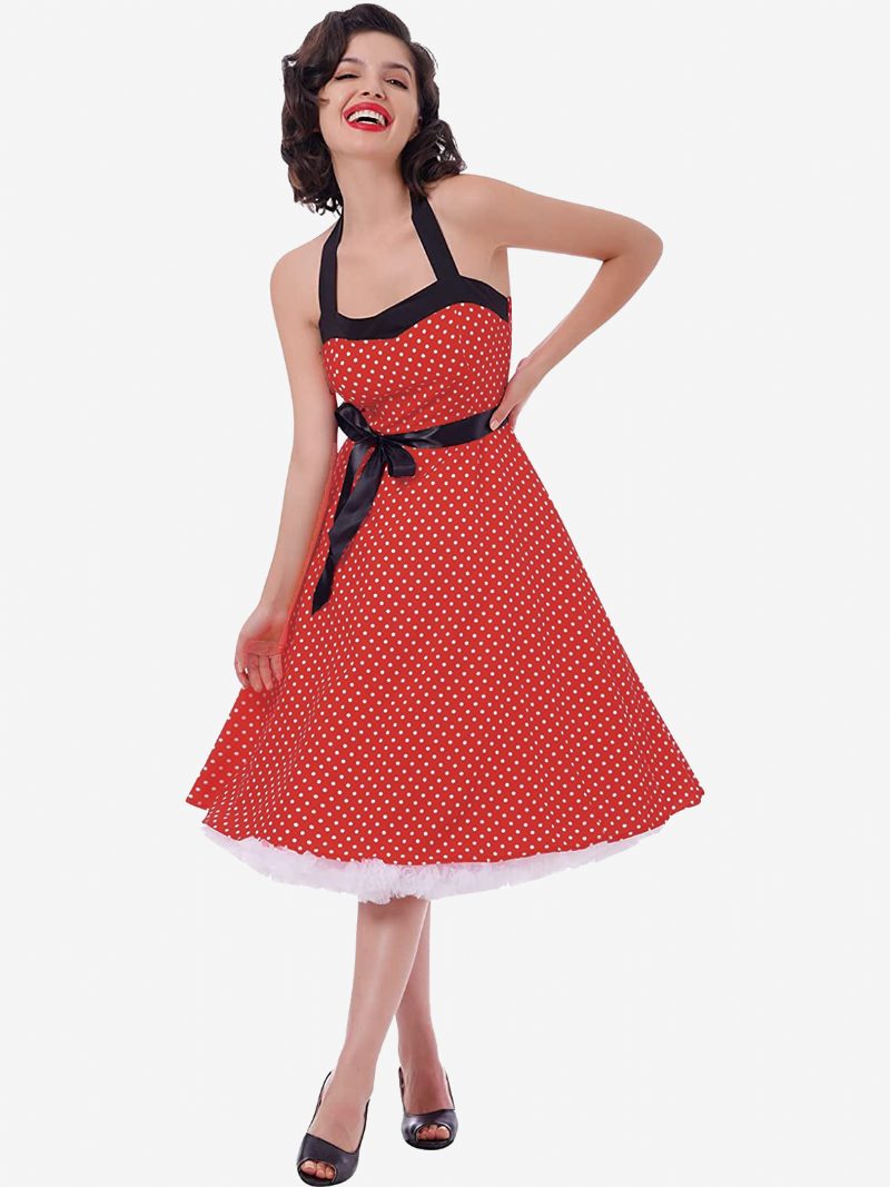 Polka Dot Vintage-kleider Für Damen Neckholder Schleifen Rückenfrei Baumwolle Retro-pin-up-kleid